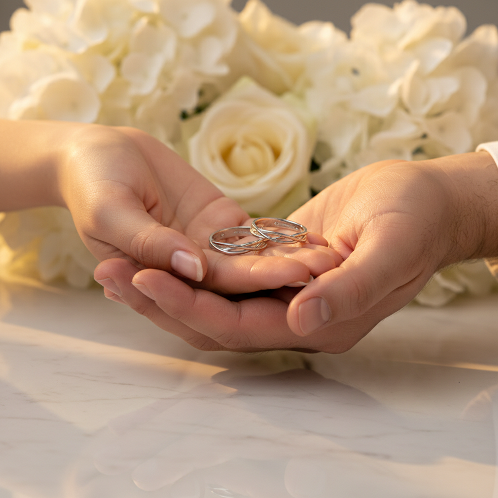 Luxury wedding rings held in hands