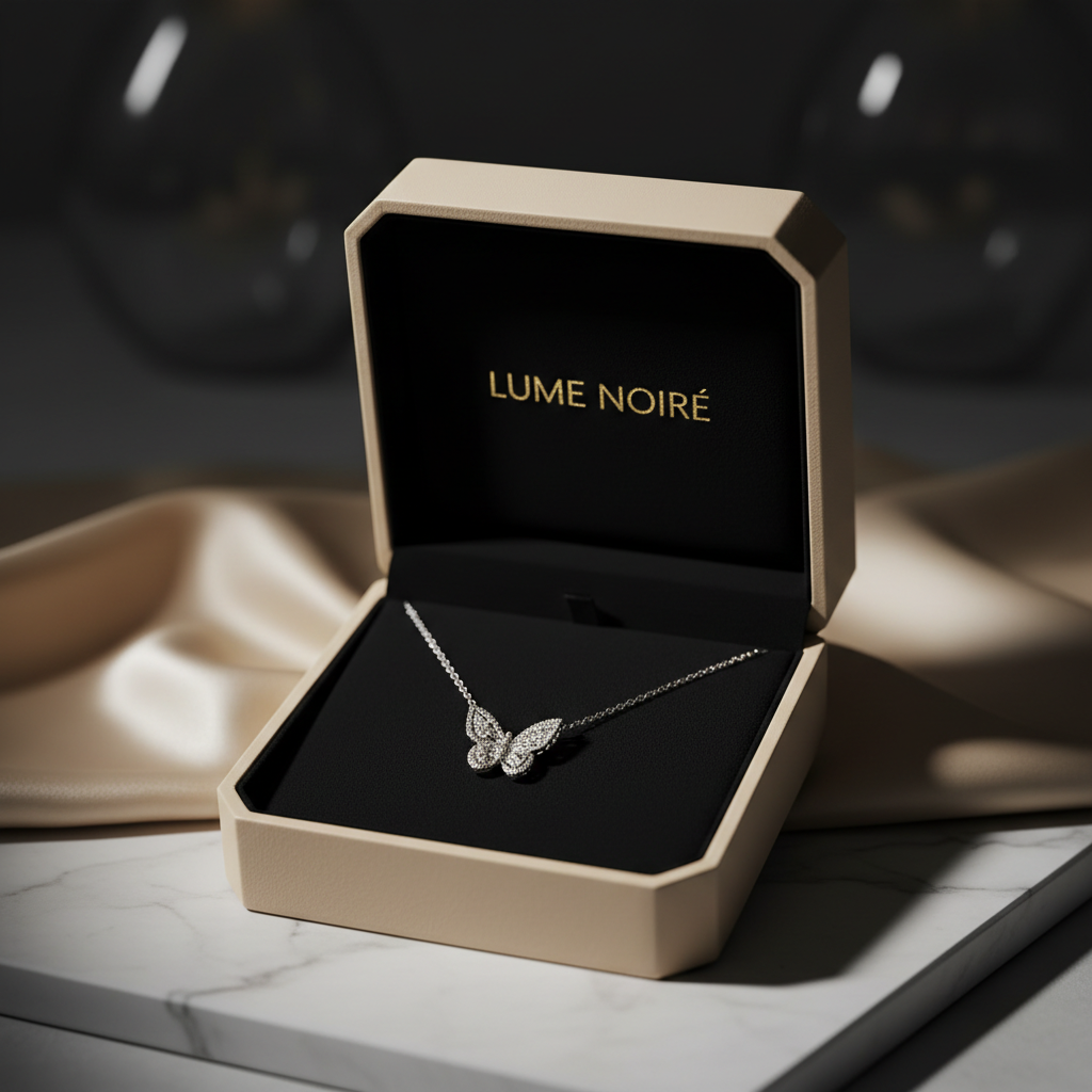 LUME NOIRÉ — beige krabička otevřená s náhrdelníkem